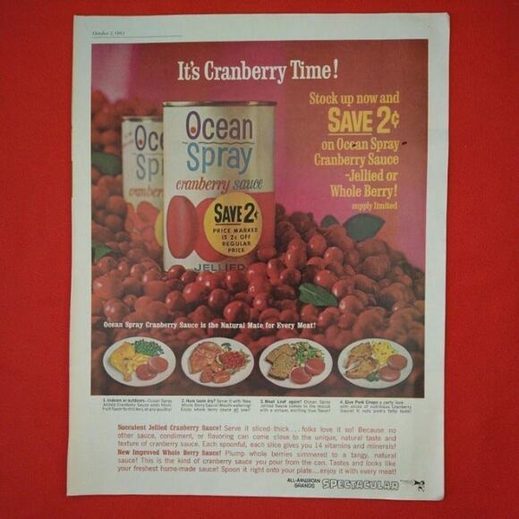 1961 Ocean Spray Cranberry Sauce Can "Cranberry‎ Time!" 10x13 Vtg 60s PRINT AD - Picture 1 of 10